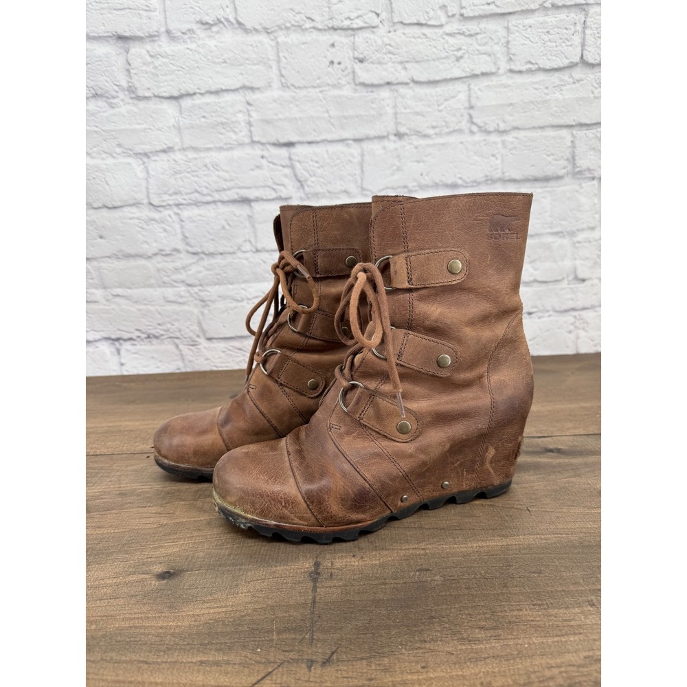 Sorel Joan of Arctic Wedge Brown Leather Lace Up Boots  Size 8.5 Boho Festival‎